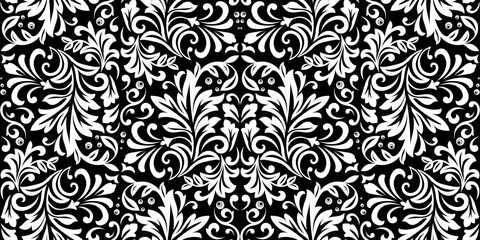 Wallpaper in the style of Baroque. Seamless vector background. White and black floral ornament. Graphic pattern for fabric, wallpaper, packaging. Ornate Damask flower ornament.