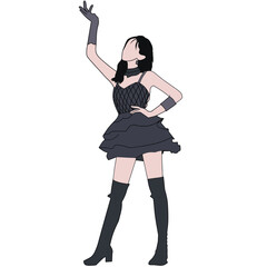 Fototapeta premium An artistic illustration of a fashionable woman gracefully posing. She wears a stylish dark layered dress paired with boots and gloves, exuding confidence and elegance in a striking portrait style.