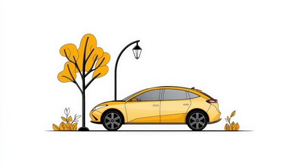 Stylish Yellow Car Parked Near Tree With Lantern in Minimalist Urban Landscape Art