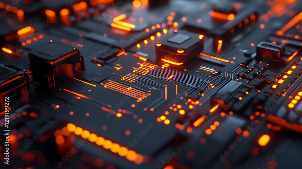 Aufkleber automated futuristic robotic assembly line with glowing digital components and machinery