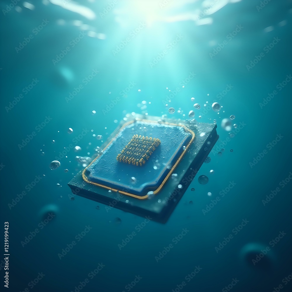 Poster a digital illustration depicts a water-resistant square device with a gold-colored grid-like pattern