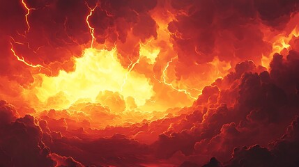 Fiery, apocalyptic sky with intense lightning and dark clouds.