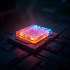 A digital rendering presents a 3D image of a futuristic object with a metallic, square base and a glass top glowing with blue and orange lights, set against a dark backdrop.