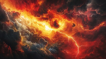 Fototapeta premium Fiery apocalyptic sky with lightning and a small object.