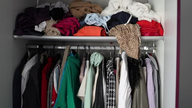 A disorganized wardrobe with a messy top shelf filled with folded and unfolded clothes, while the lower section has various garments hanging on hangers. The image emphasizes the need for tidying