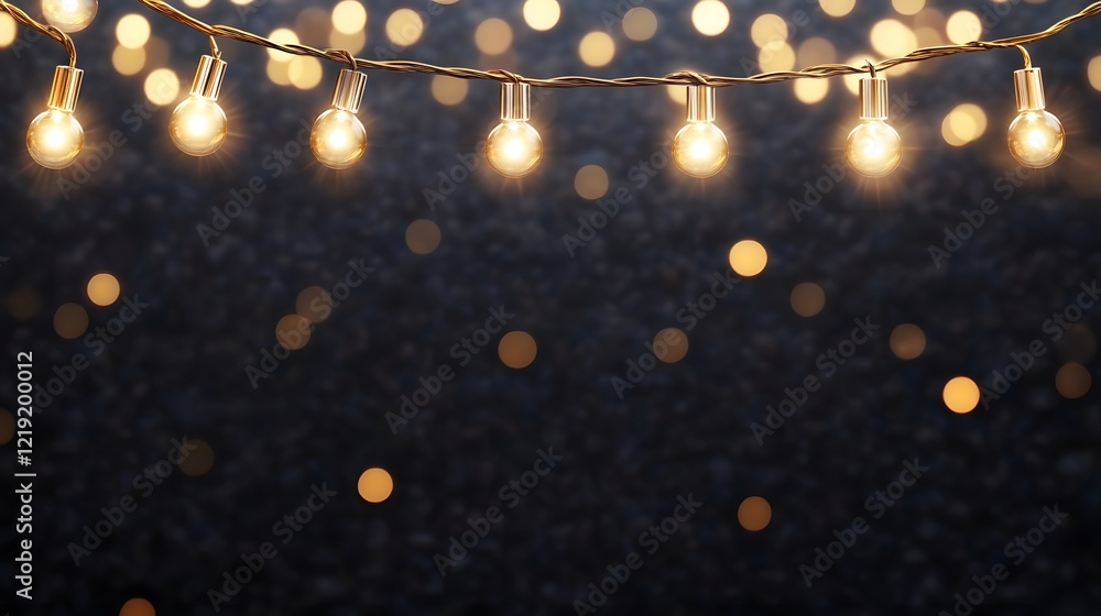 Poster golden bokeh string light display on blurred dark background representing festive