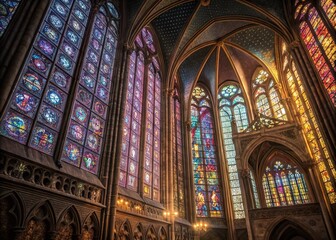 Obraz premium Panoramic Colorful Watercolor Stained Glass Gothic Cathedral Windows