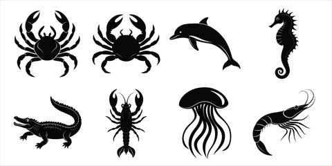 Ocean, Sea animals silhouette set. Aquatic animals life vector illustration design