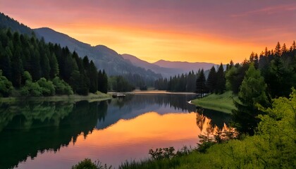  A breathtaking view of a serene mountain landscape at sunrise, with a crystal clear lake.
