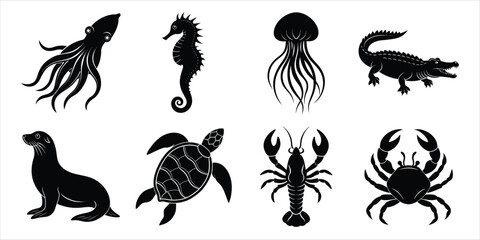 Ocean, Sea animals silhouette set. Aquatic animals life vector illustration design