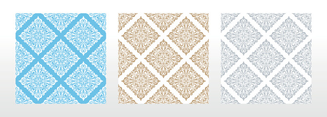 Fototapeta premium Wallpapers in the style of Baroque. Seamless vector backgrounds. Set of colored floral ornaments. Graphic patterns for fabric, wallpaper, packaging. Ornate Damask flower ornaments