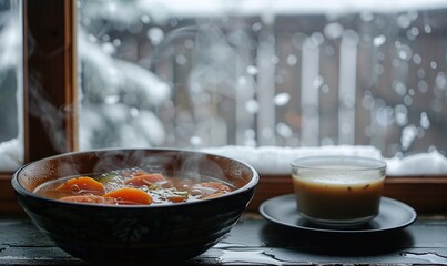 Warm vegetable soup steaming on a snowy day. Cozy winter vibes.