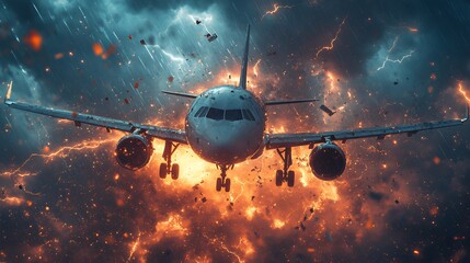 A jet airplane in mid air with loose components floating away