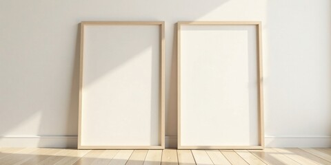 Fototapeta premium Two Blank Vertical Canvases in Light Wooden Frames Lean Against a White Wall in a Sunlit Room