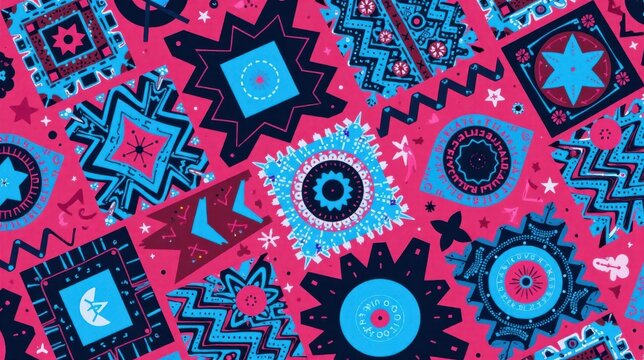Vibrant Abstract Textile Design Featuring Geometric Shapes and Bold Colors, Ideal for Fashion, Home Decor, and Packaging Applications