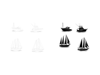A minimalist black and white drawing of a sailboat on calm waters. Vector illustration and line art sailboat set design.
