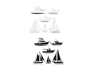 A minimalist black and white drawing of a sailboat on calm waters. Vector illustration and line art sailboat set design.