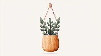Green Succulent Plant in a Wooden Hanging Planter on Minimalist Background