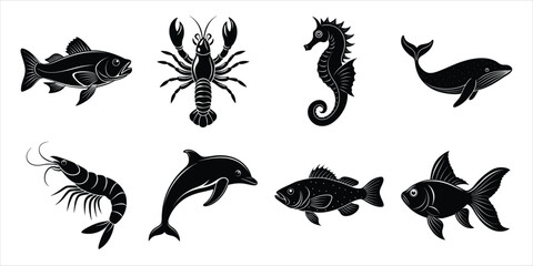 Ocean, Sea animals silhouette set. Aquatic animals life vector illustration design