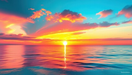Fototapeta premium Vibrant sunset over calm ocean, dramatic colorful sky, brilliant orange and pink clouds, golden sun reflection on water, turquoise horizon, serene seascape, vivid saturated colors, digital art style, 
