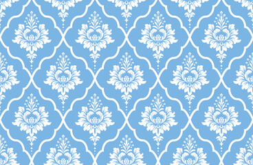 Wallpaper in the style of Baroque. Seamless vector background. White and blue floral ornament. Graphic pattern for fabric, wallpaper, packaging. Ornate Damask flower ornament