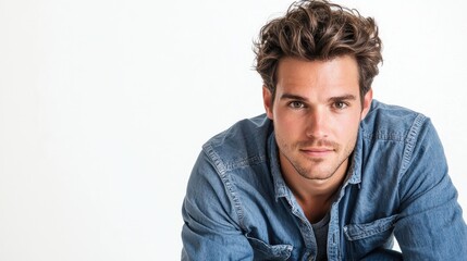 Fototapeta premium A young man in a casual blue shirt and denim jeans, leaning forward slightly with a relaxed expression on a white isolated background