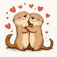 Adorable cartoon-style illustration of two otters embracing with hearts floating around them, symbolizing love, friendship, and affection.
