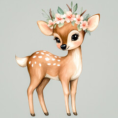 Adorable cartoon-style illustration of a baby deer wearing a floral crown, featuring soft colors and a charming, whimsical design.
