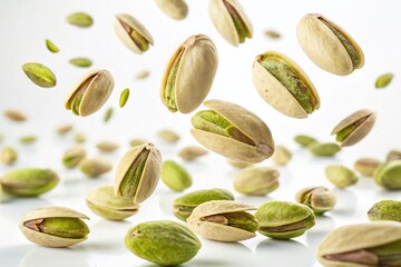 Panoramic Flying Pistachios Isolated on White Background - High-Resolution Stock Photo
