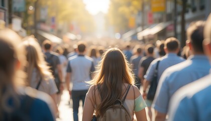 Blurry Crowd In Sunlight showcasing people walking in a busy street, illuminated by warm sunlight. hd image