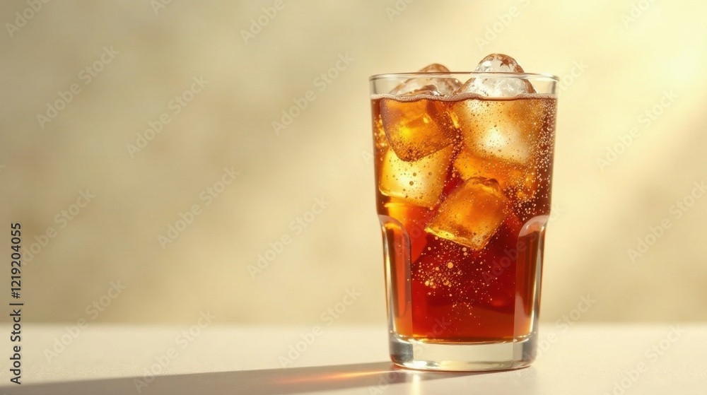 Poster refreshing iced brown beverage in a tall glass with sparkling bubbles and melting ice cubes on a lig