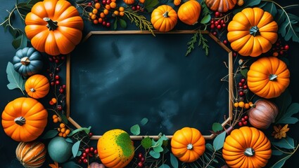 Autumn harvest display, chalkboard frame, vibrant orange pumpkins, colorful gourds, fallen leaves, rustic wooden background, Thanksgiving decor, seasonal arrangement, teal and orange color palette, to