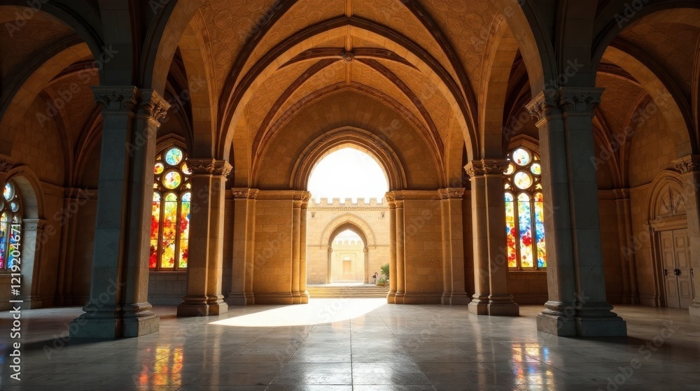 Poster Sunlit Arcade with Stained Glass Windows and Stone Columns Leading to a Distant Gateway