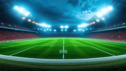 Football stadium, night scene, bright floodlights, vibrant green pitch, empty seats, curved architecture, dramatic sky, sports arena, illuminated field, panoramic view, soccer field markings, modern s