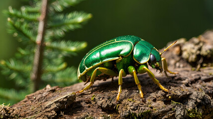 Fototapeta premium Rose chafer or green rose chafer Catania aura Close Up of green rose chafer (Cetonia aurata) sitting on a green leaf forest background,