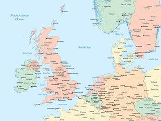 Political map showing the United Kingdom, Ireland, and parts of northern and central Europe, including country borders, major cities, and surrounding bodies of water like the North Sea and Irish Sea.