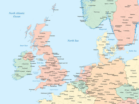 Political map showing the United Kingdom, Ireland, and parts of northern and central Europe, including country borders, major cities, and surrounding bodies of water like the North Sea and Irish Sea.