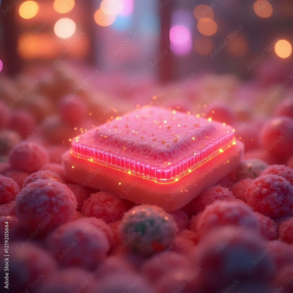 Poster the image captures a close-up view of a red square object, likely a dessert, glistening with tiny li