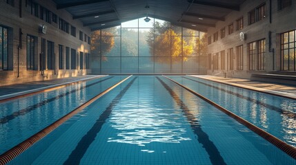 Indoor swimming pool with large windows showing autumn trees.