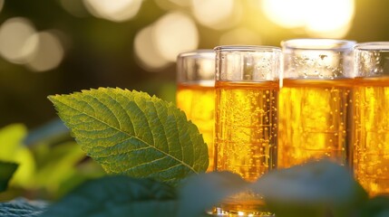 Close-up of four glasses of amber liquid with a green leaf in the foreground.