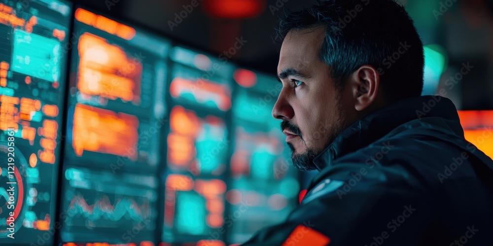 Poster focused professional analyzing data on multiple screens