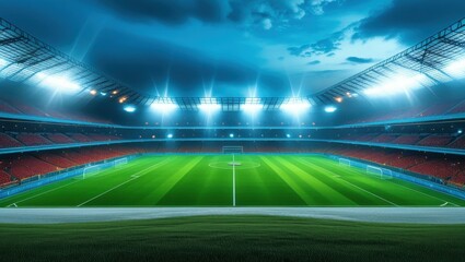 large stadium, football field, night scene, floodlights, vibrant green grass, empty seats, panoramic view, sports arena, dramatic lighting, curved architecture, wide-angle shot, high-definition, 4K, p