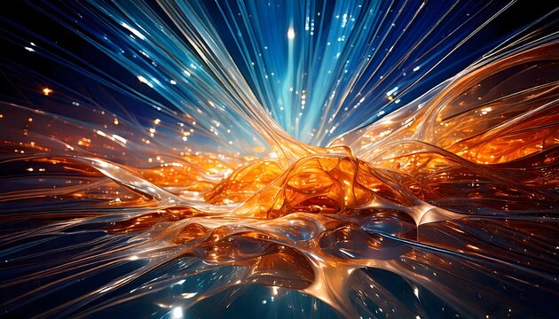 Abstract art featuring liquid Nitroselulosa, reflecting light and rays. 