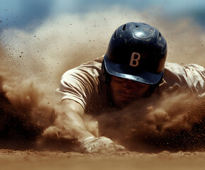 A player sliding into second base, creating a dramatic cloud of dirt and dust around the action.


