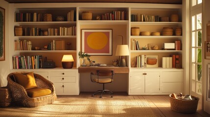 Sunlit home office with built-in bookshelves, desk, chair, and wicker armchair.