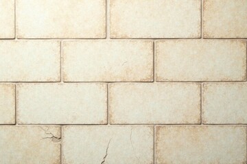 Obraz premium Cream-colored rectangular tiles arranged in a wall pattern, showing subtle variations in tone and texture, with minor cracks present in some tiles, offering a rustic and aged aesthetic.