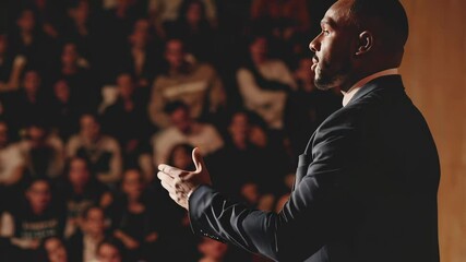 Professional coach delivering motivational speech, engaging large audience with dynamic gestures and powerful communication, showcasing leadership expertise during corporate training event