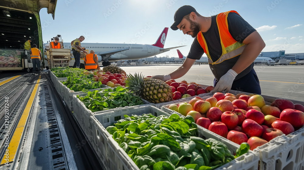 Poster workers organizing biodegradable crates filled with fresh apples, pineapples, and spinach for loadin