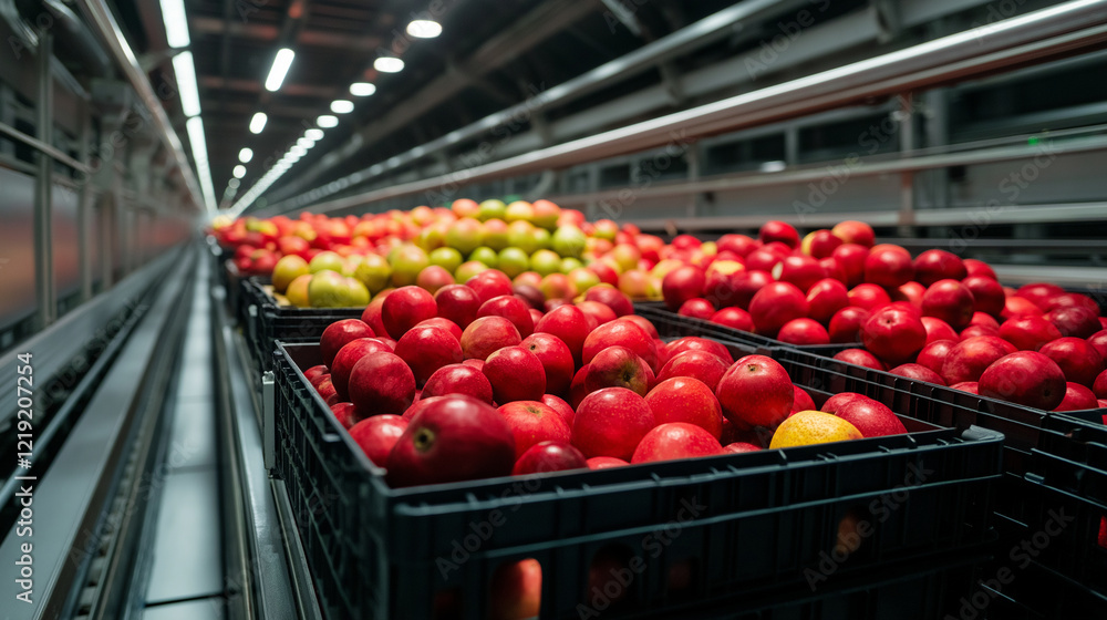 Poster vibrant fruit crates being transferred via conveyor into the cargo hold, showcasing precise handling