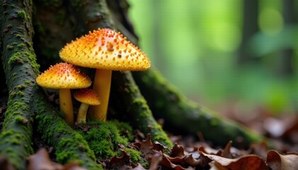 Hedgehog mushrooms and chanterelles intertwined with tree roots, forest understory, mycology, mushrooms